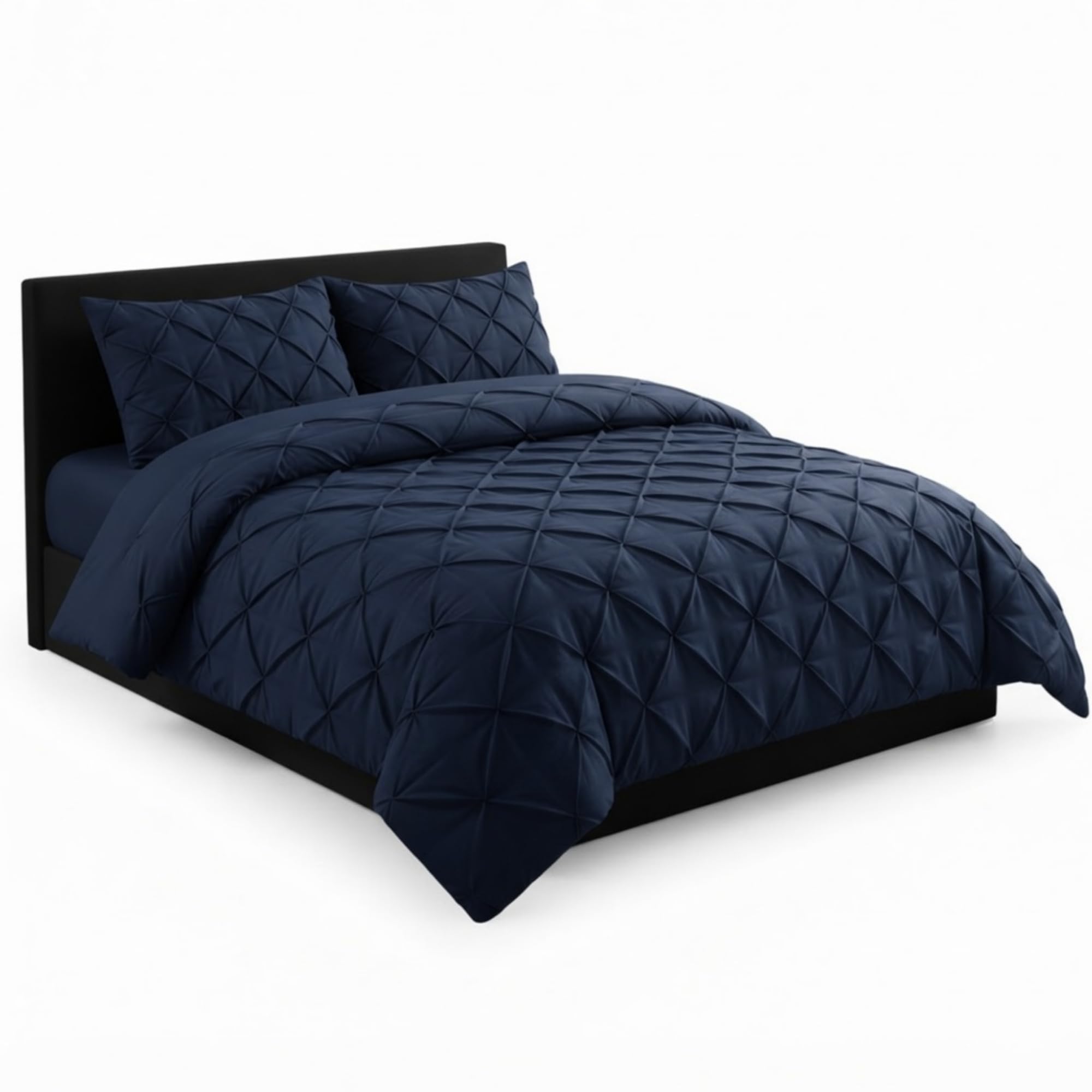 AHS Pintuck Navy Blue Duvet Cover Bedding Set, King Pinch Pleat Design With Matching Pillowcases, Soft Brushed Microfiber Quilt Cover, Easy Care Wrinkle Free, Breathable