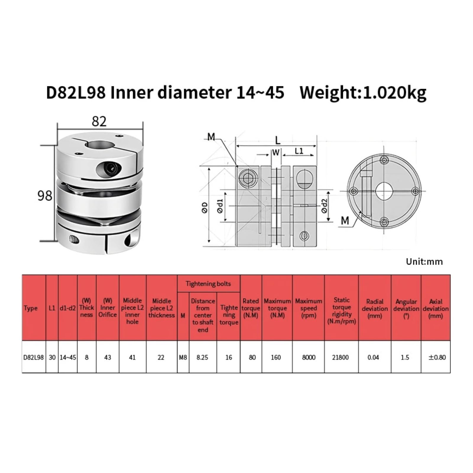 Accouplement Flexible à Double diaphragme, D82 L98, Trou intérieur 12/14-40, coupleur d'arbre à Prune Flexible, coupleur de Moteur Pas à Pas(15-19)