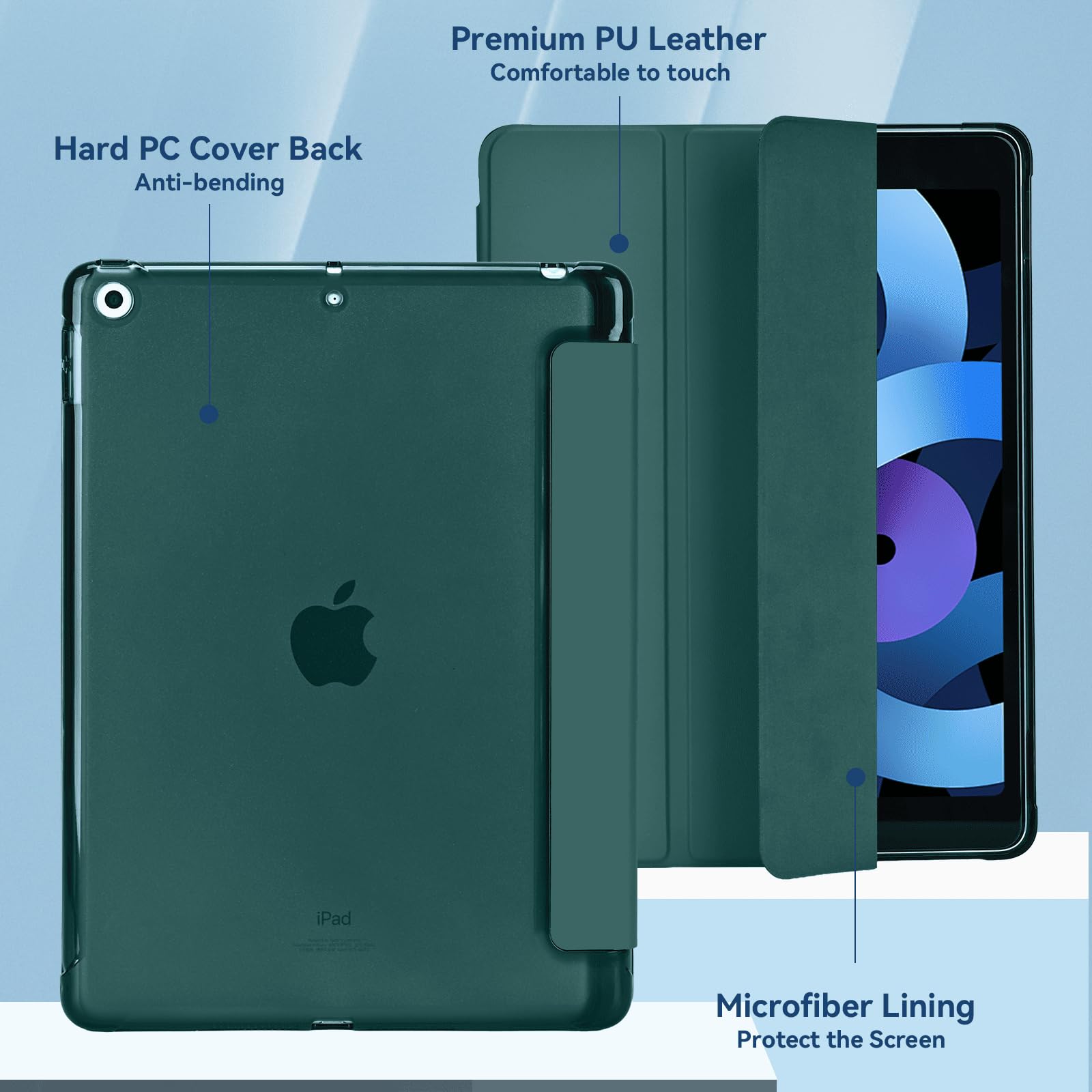 VAGHVEO Custodia per iPad 10,2 Pollici 2021 9a Generazione / 8a Gen 2020/ 7a 2019 Cover, Antiurto Flessibile e Trasparente in Gomma TPU Case Sottile Leggera Tri-Fold, Auto Sveglia/Sonno, Verde Scuro