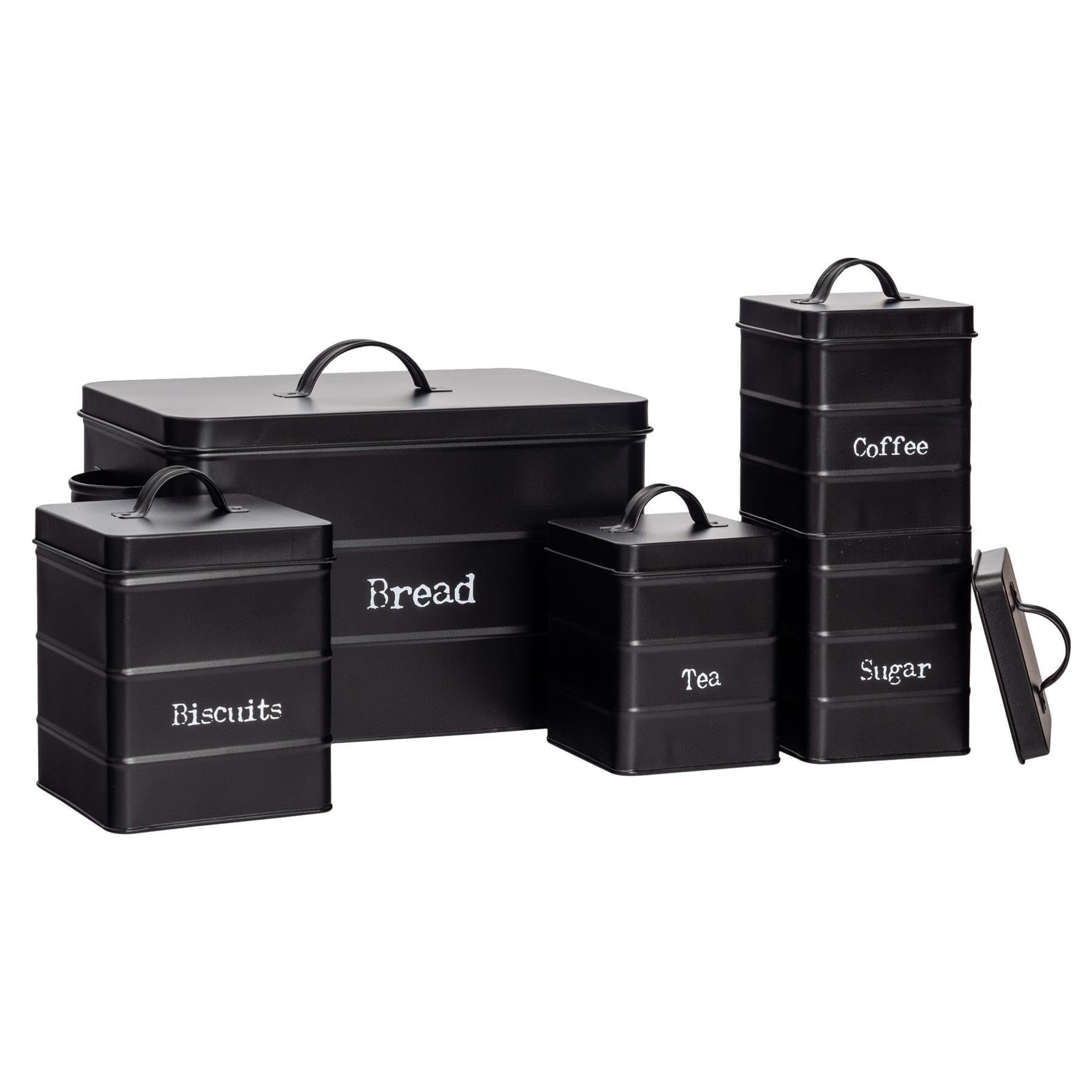 Harbour Housewares Metal Kitchen Canister Set - Black - 5pc Vintage Retro Food Storage Preservation Canister Caddy Container Bread Bin with Airtight Fit Lid for Kitchen Organisation & Home Décor