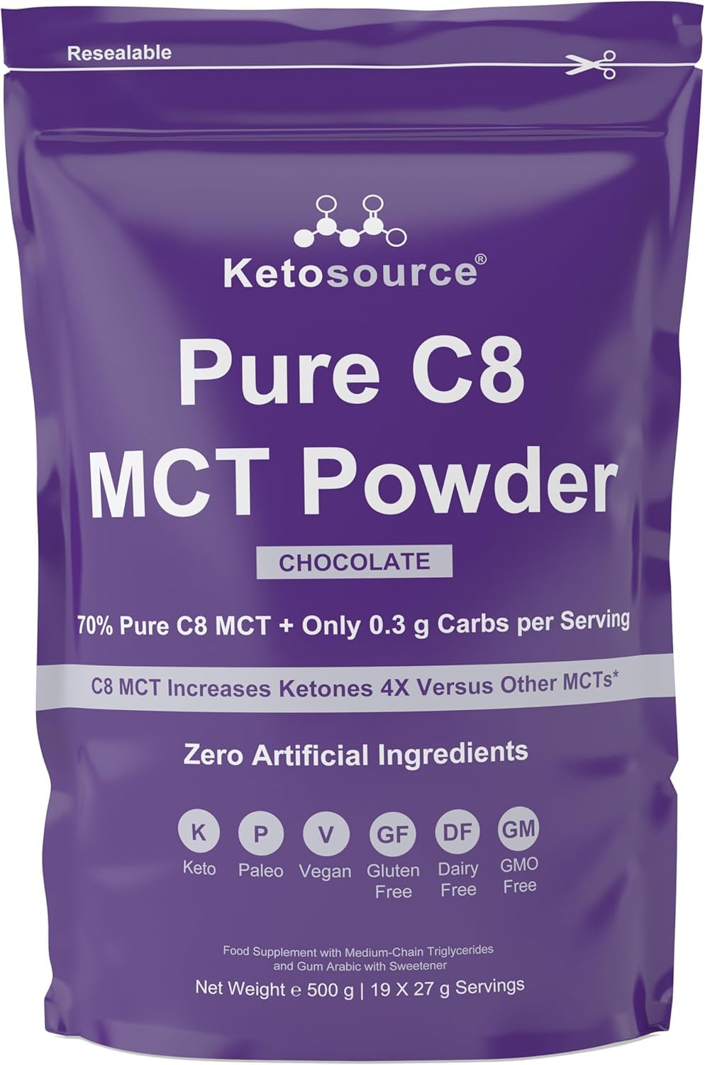 Reines C8 MCT-Pulver | 4-facher Keton-Boost im Vergleich zu anderen MCTs | Null Kohlenhydrate | Unterstützt Keto & Fasten | Enthält MCT Öl C8 von höchster Reinheit | Schokolade | 500g | Ketosource