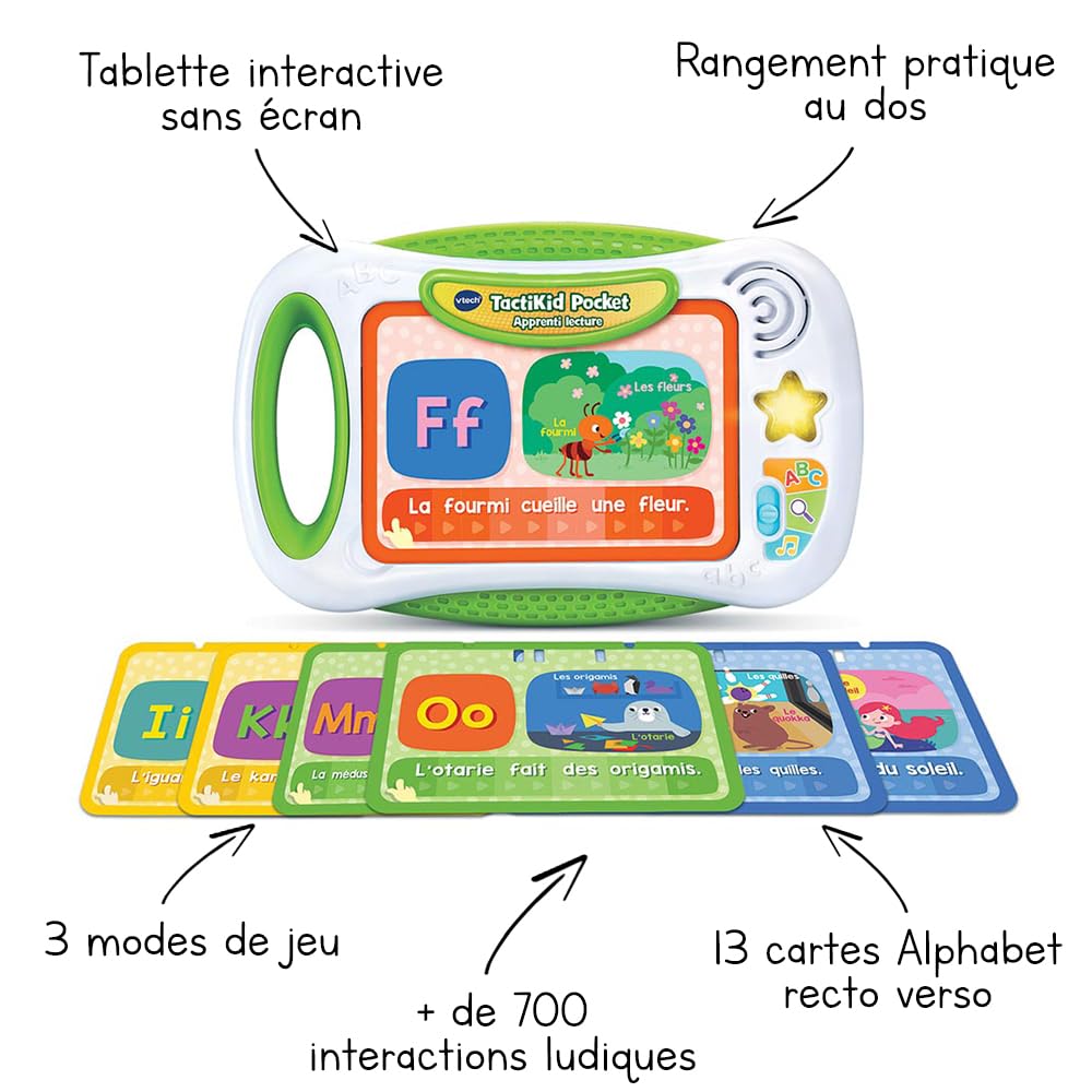 VTech - TactiKid Pocket Apprenti Lecture, Tablette Tactile sans Écran, Jouet Interactif pour Apprendre à Lire, 14 Fiches d'Activités, Cadeau Enfant de 4 Ans à 7 Ans - Contenu en Français