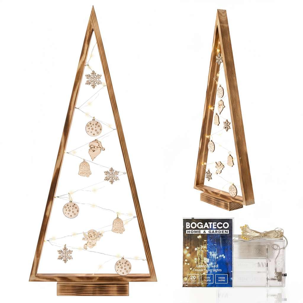 BOGATECO Árbol de Navidad de madera con iluminación LED de 104 cm de altura | Decoración de madera incluida | Decoraciones navideñas | 30 LED |