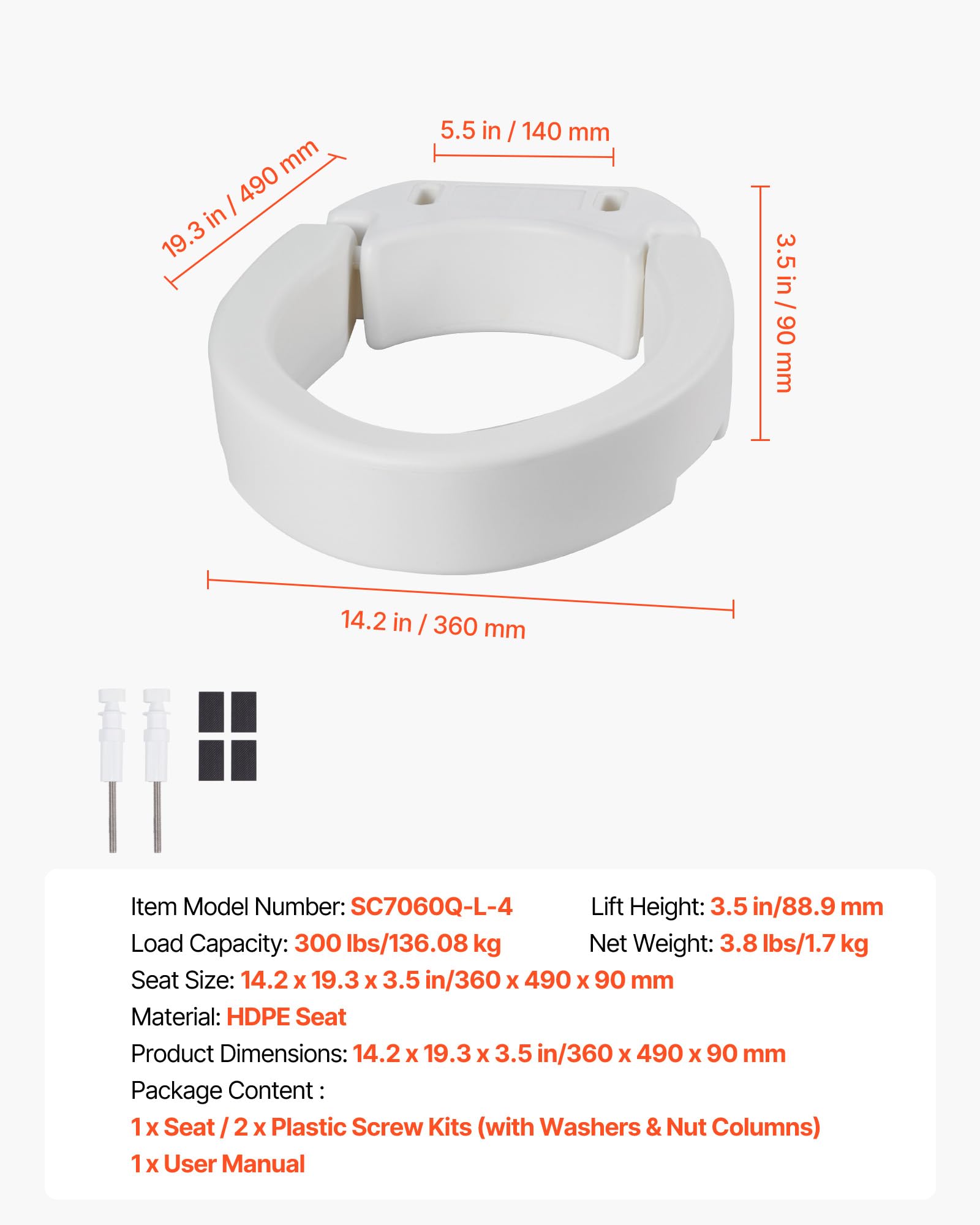 VEVOR Sedile WC Rialzato da Bagno Capacità di Carico 136 kg con Altezza di Sollevamento di 88,9 mm, Sedile WC Rialzato Universale con Apertura Allargata per Anziani, Tazze WC Allungate