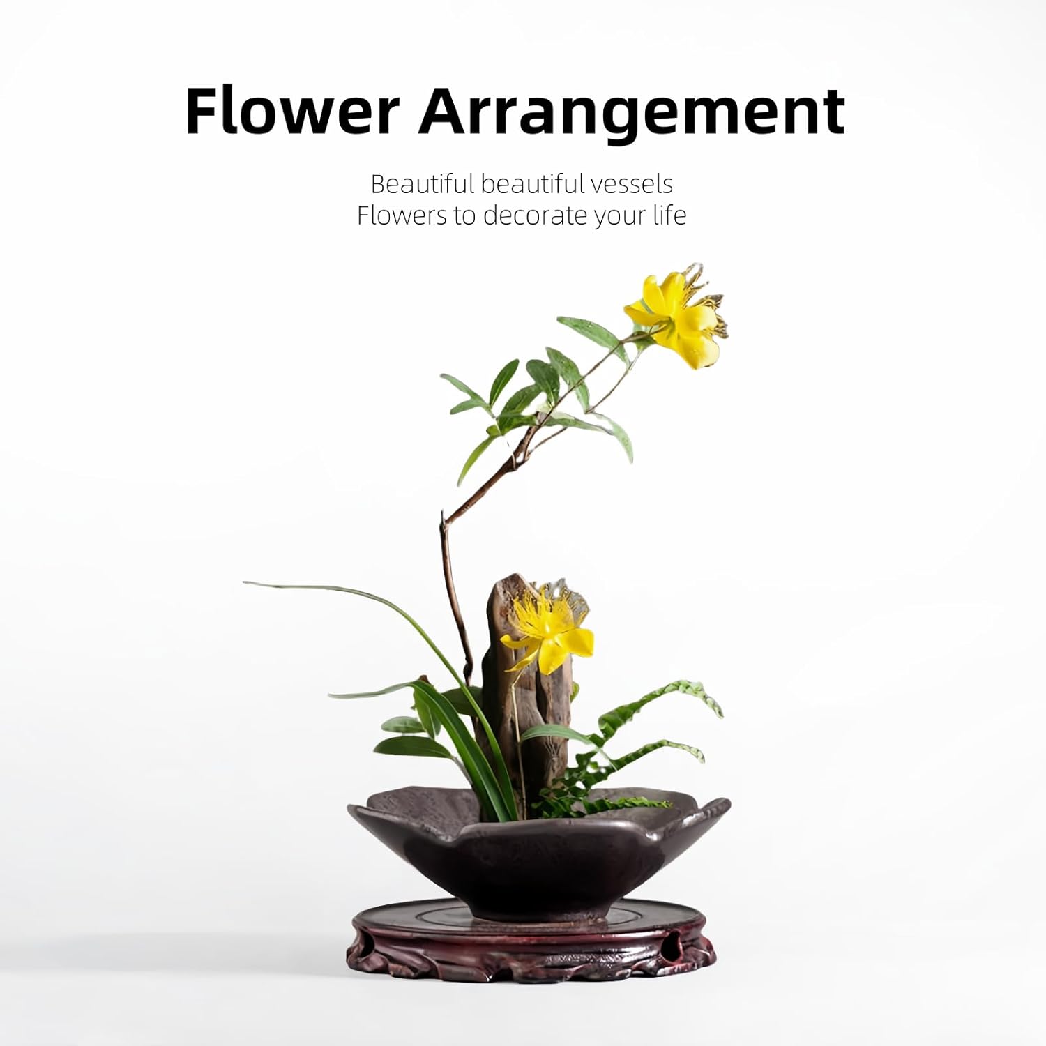 WEOPYCJ Japanese Ikebana vases, Ceramic Arranging Bowl Arrangement Container with 1.69 in Kenzan Flower Frog Pin Needle (Black)