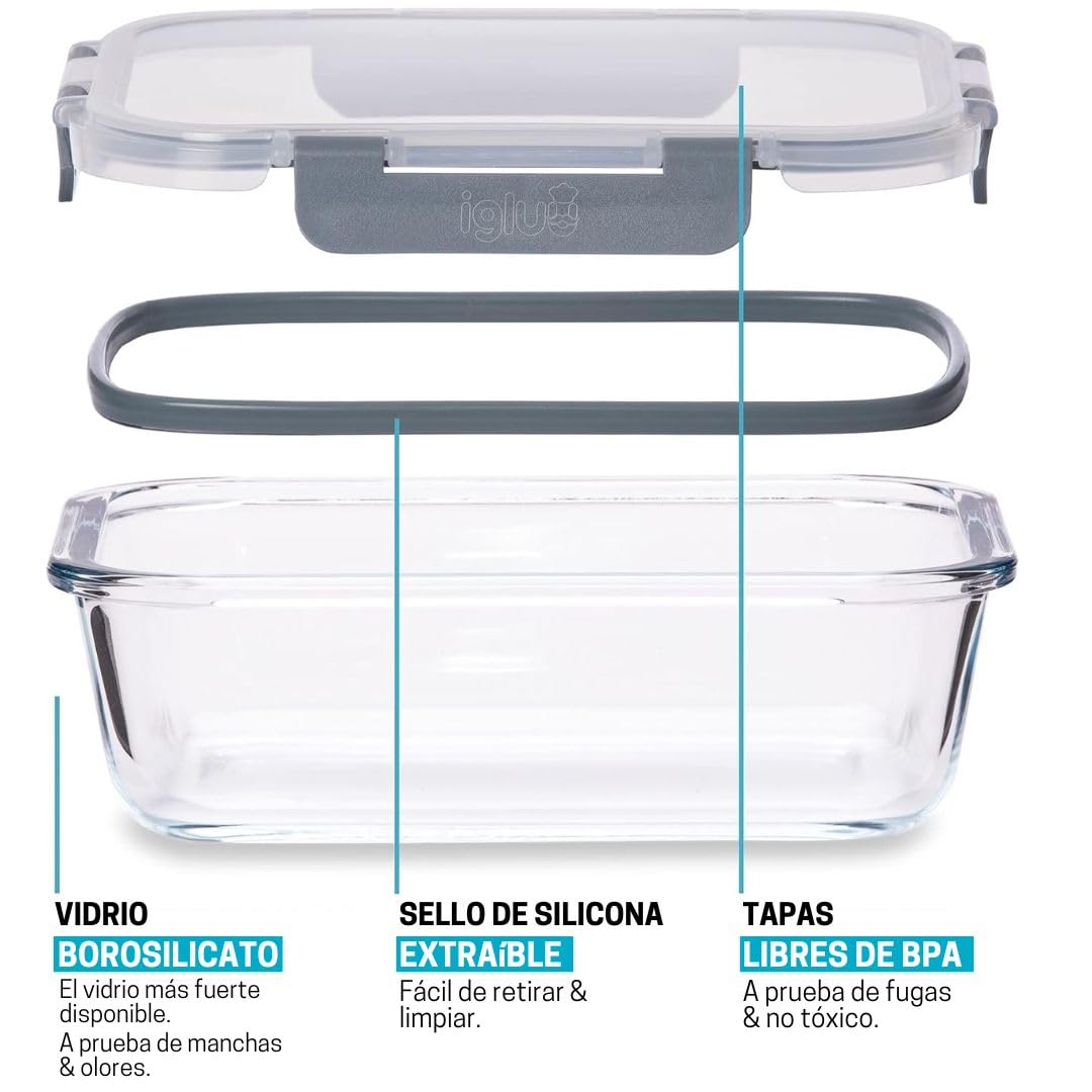 Igluu Meal Prep Recipientes Herméticos para Alimentos de Cristal con Tapas (Set de 10) – Sin BPA – Aptos para Horno, Microondas, Congelador y Lavavajillas – 370 ml y 1050 ml – Vidrio de Borosilicato