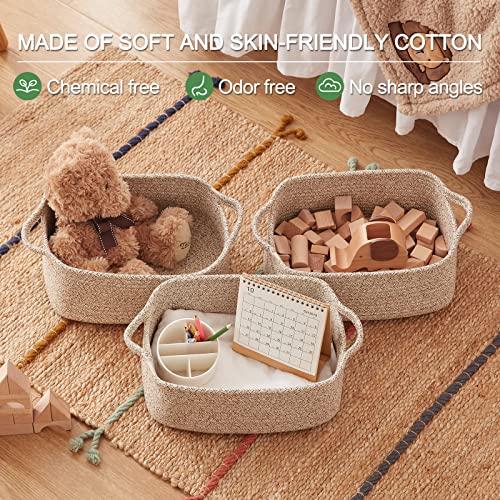 OIAHOMY Cotton Rope Baskets, Woven Baskets for Storage, Nursery Storage Baskets, Rectangle Storage Basket with Handles, Storage Baskets for Shelves, Pack of 3, Brown Variegated