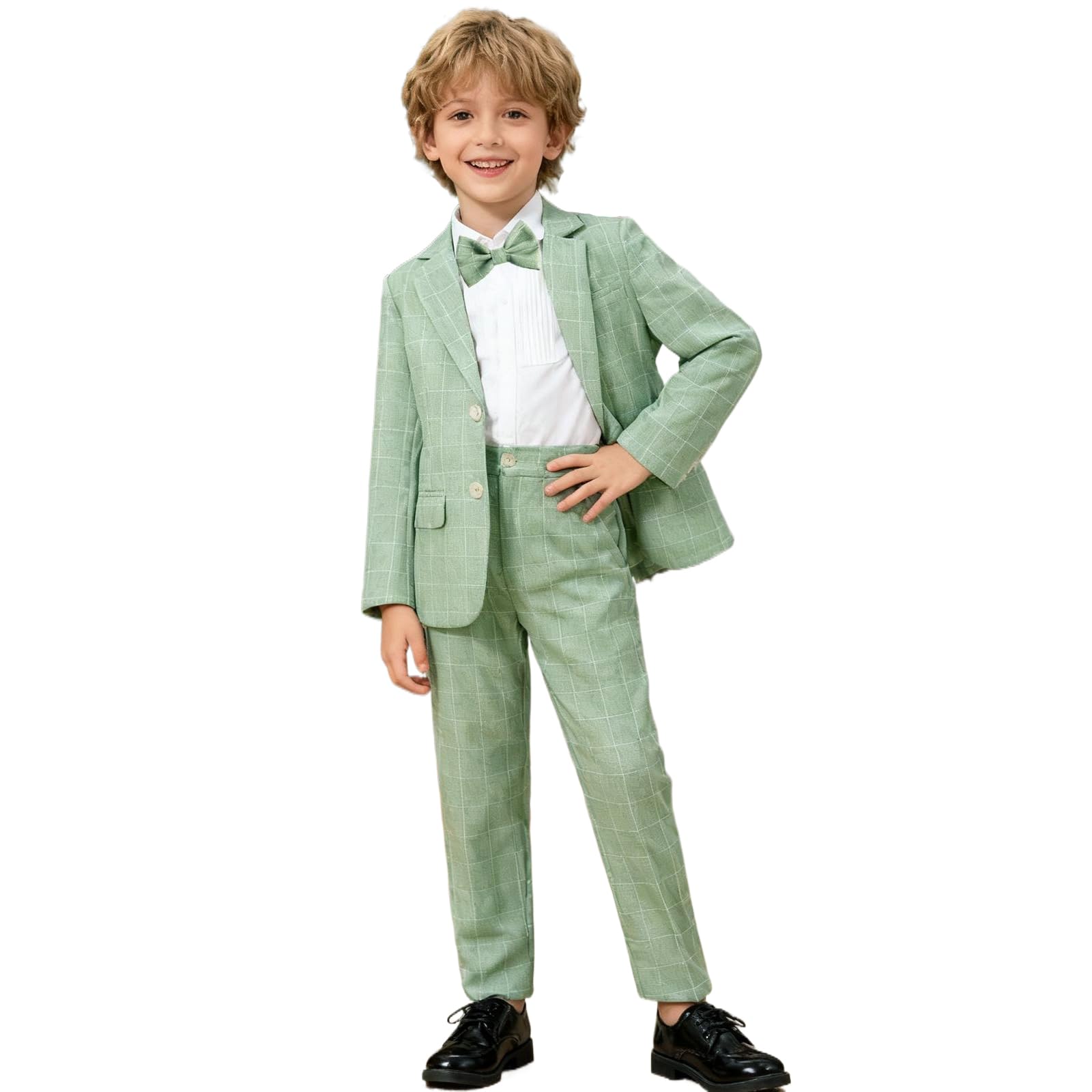 LOLANTA 3-teiliges Jungen Plaid Anzug Set, Eleganter Blazer für Hochzeits-Abschlussball, Formelle Kleidung Jacken-Hose-Fliege Set