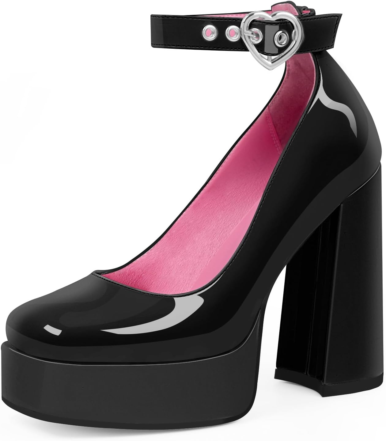 Women's Platform High Block Heel Pumps Ankle Strap Heart Buckle Square Toe Patent Leather Party Prom Dress Shoes