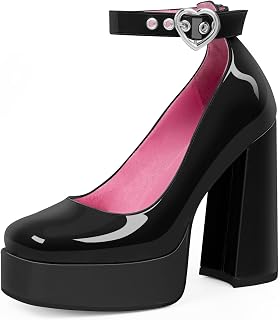 Women's Platform High Block Heel Pumps Ankle Strap Heart Buckle Square Toe Patent Leather Party Prom Dress Shoes