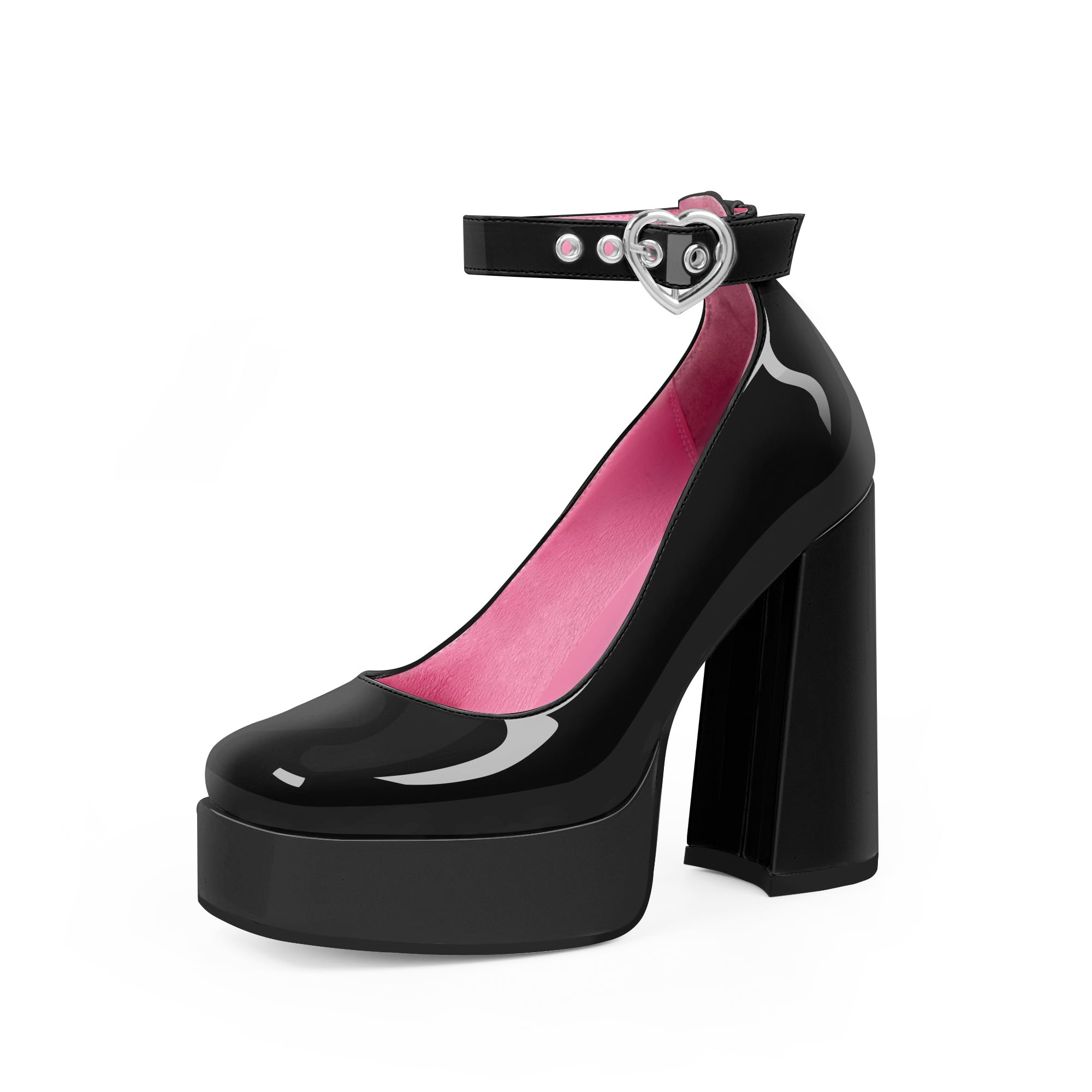 Odetina Women's Platform High Block Heel Pumps Ankle Strap Heart Buckle Square Toe Patent Leather Party Prom Dress Shoes