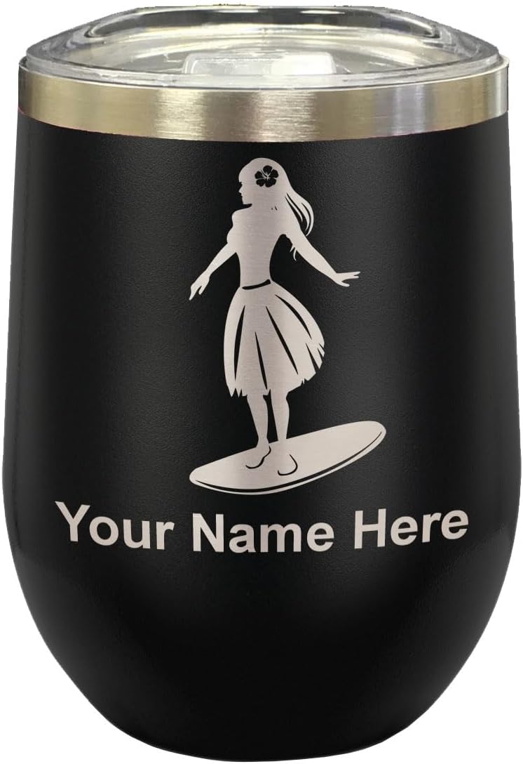 LaserGram 16oz Double Wall Stainless Steel Wine Glass Tumbler, Hawaiian Surfer Girl, Personalized Engraving Included (Black)