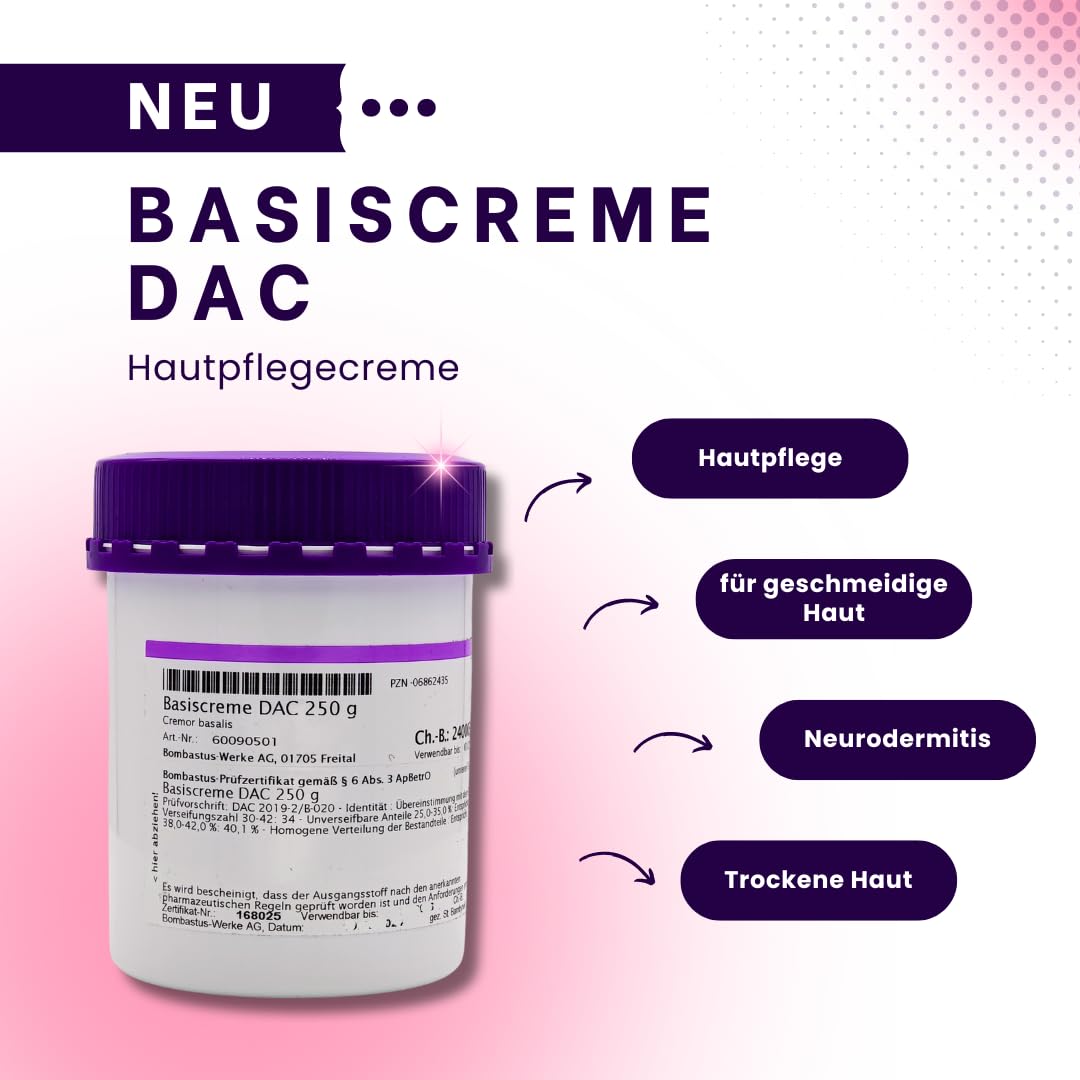 Basiscreme DAC 3x 250 g I Hautpflege I Neurodermitis, Psoriasis, Schuppenflechte, Akne I Trockene Haut I Juckreiz I Subakut-chronisch entzündliche Hauterkrankungen I Spar-Set plus Pharma-Perle