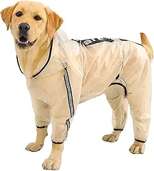 Olsa Capa de chuva para cães, poncho com capuz para cães, jaqueta de chuva de 4 pernas com faixa refletiva, roupa de chuva transparente resistente à água para neve para pequeno, médio e grande