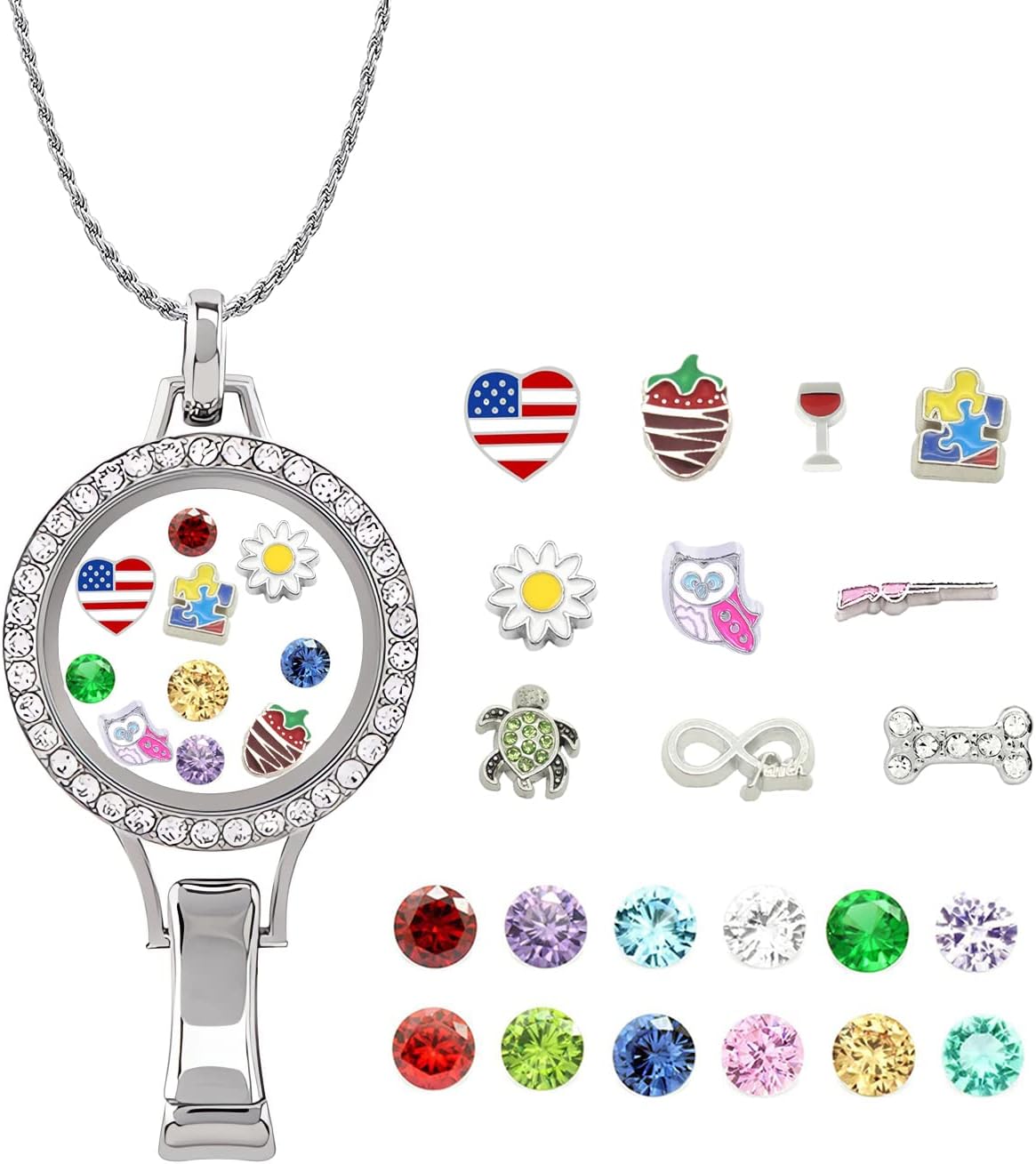Necklace Lanyard Badge Holders Floating Charm Glass Locket w/ 10pcs Charms 12 Months Birthstones, 31.5'' Stainless Steel Chain Gift Box for Women Nurse Teacher Office Workers Xmas Birthday Gift