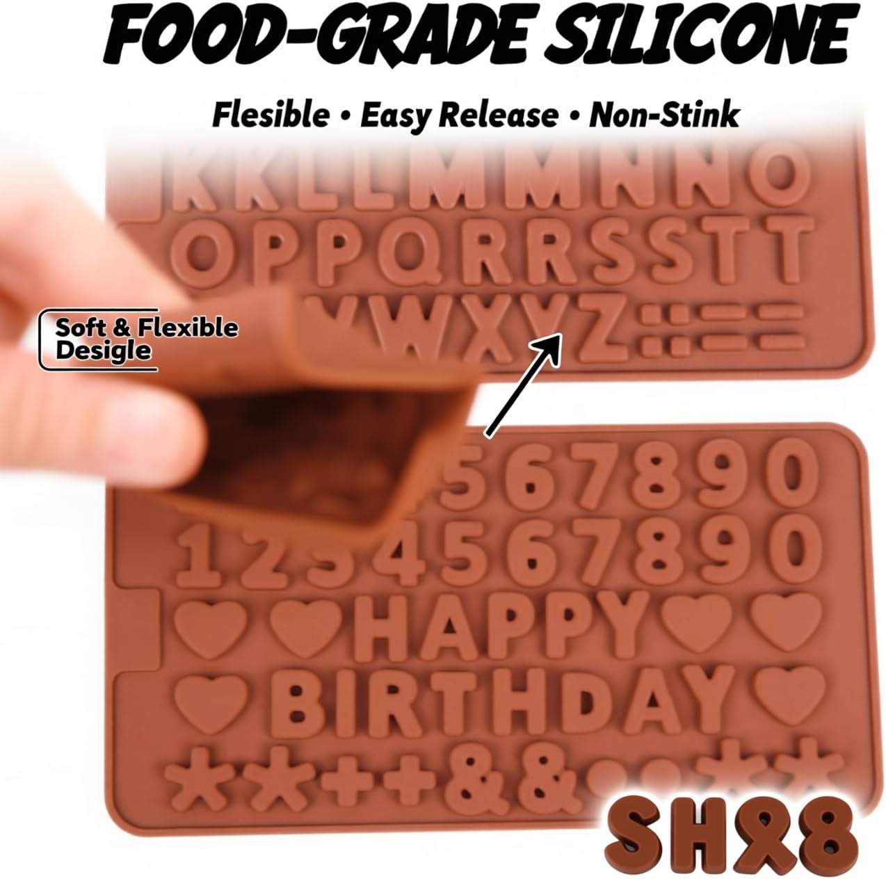 Mini Letter and Number Silicone Molds, 2 Pack Alphabet Chocolate Mold with A-Z Letters, 0-9 Numbers and Happy Birthday, Small Fondant Candy Molds for Cake and Cupcake Decorating, Brown