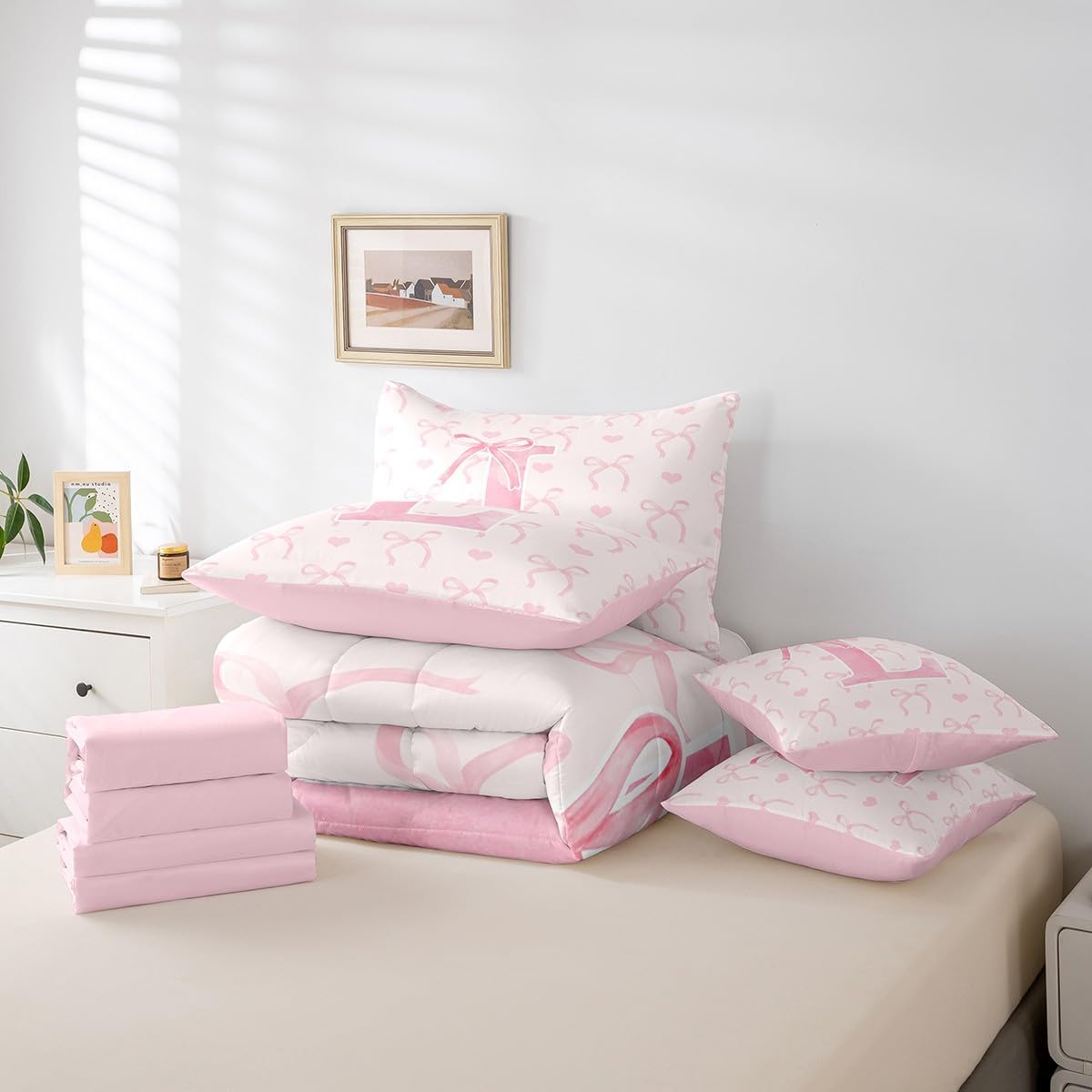 Erosebridal 7 Pcs Letter A-Z Bed Set Full Size for Girls Pink L Alphabet Sheet Set Bed in A Bag Kawaii Butterfly Bowknot Comforter Cute Love Hearts Romantic Watercolor
