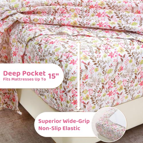 Image of Mooreeke Cozy Floral Microfiber Printed Twin Sheet Set - Soft & Breathable Pink Green Floral Bed Sheets with Deep Pocket - Non-Slip Fitted Design - Pink Green Flowers Gray Leaves Pattern - Queen