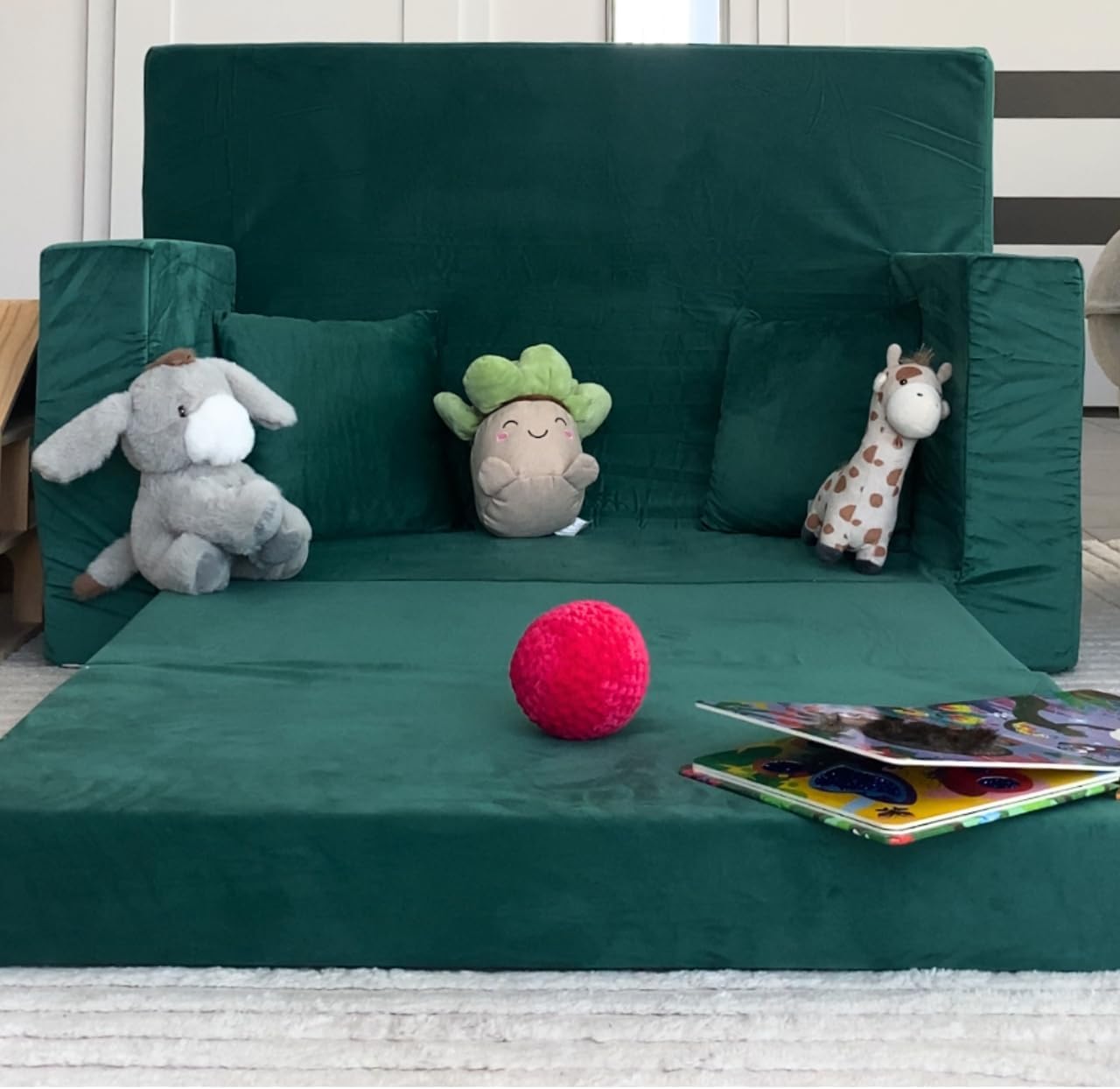 Flumi Personalised Children's Sofa with Sleep Function Engraving Children's Name Sofa for Children's Room Sleeping Chair with Bed Function Furniture Microfibre 92x60x40 cm(Bottle Green)
