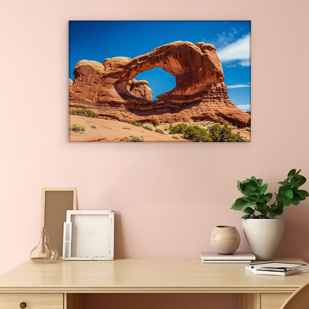 Canvas for Living room. Desert Majesty: The Natural Wonder of a Red-Orange Sandstone Arch, 27 x 18 inch Canvas Wall Art - Beach Sunsets And Sunrises - Modern Home Decor