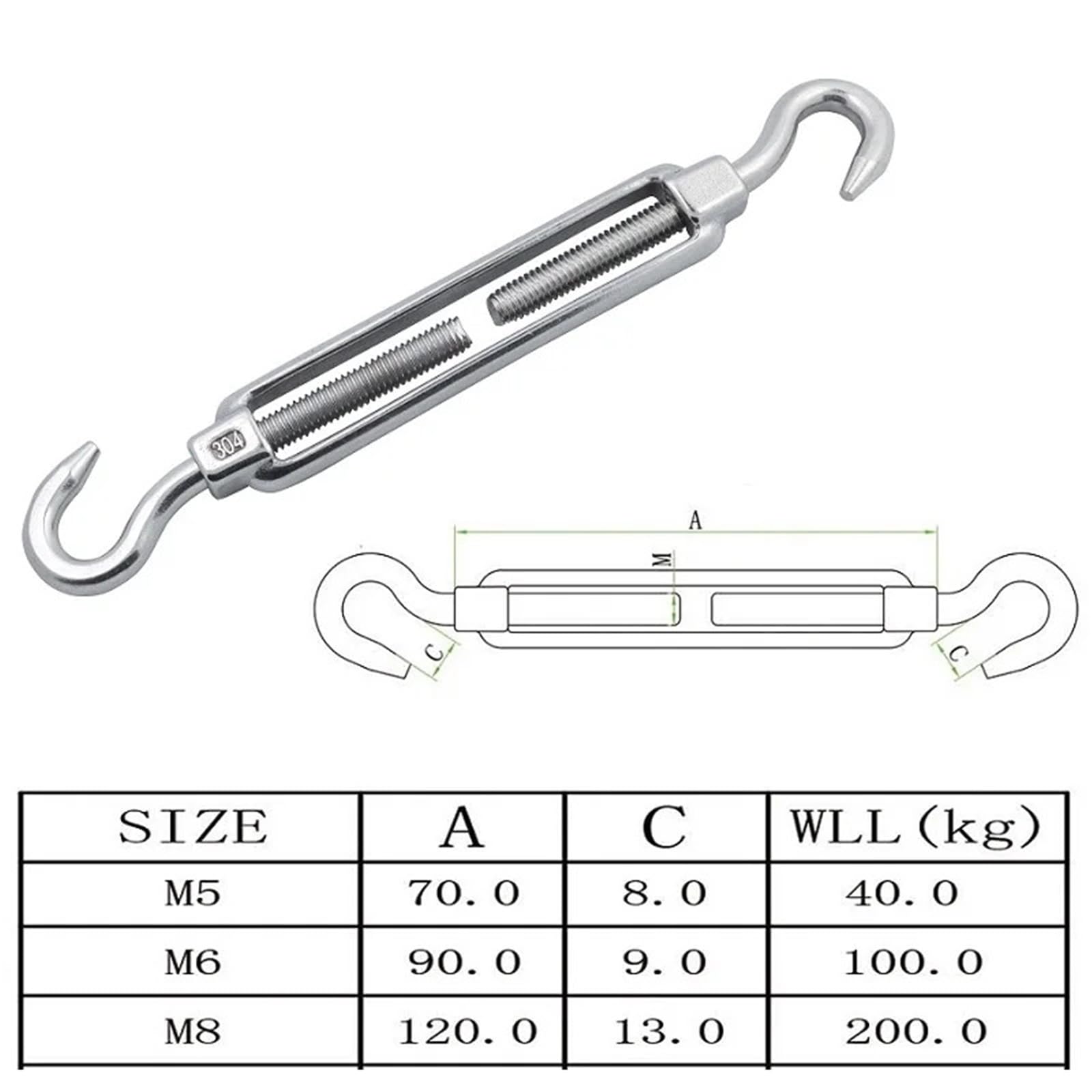 Generico Compatible Tenditori con Gancio 4pz Regolabili Cavi Navali | Raccordi di tensione filettati utilizzati for balaustre in fune metallica e sartiame marino(M6)