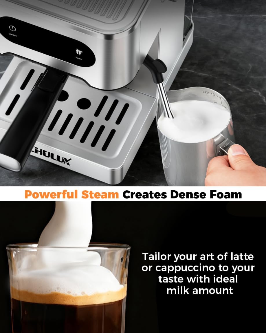 CHULUX Cold Brew Espresso Machine, 20 Bar Stainless Steel Touchscreen Cappuccino & Latte Machine with Steam Wand for Home