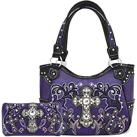 Western Style Rhinestone Cross Totes Purse Concealed Carry Handbags Women Country Shoulder Bag Wallet Set (Purple Set) Cover
