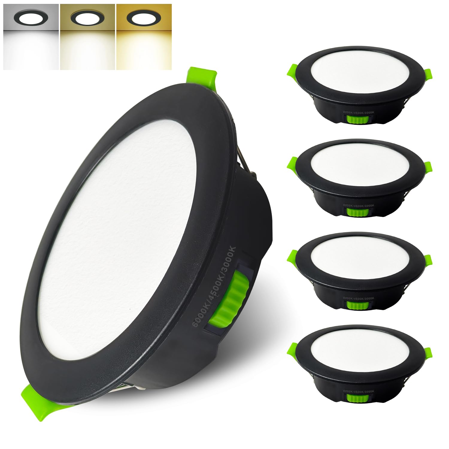 Sweier LED Downlights Black, 5W Dimmable 3000K/4500K/6000K Recessed Ceiling Lights, 480LM IP44 Bathroom Spotlights for Bedroom Kitchen Living Room, Cutout 80-90mm, 5 Pack