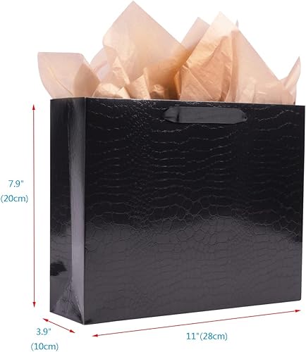 Miniatura 2 de Lyforpyton Bolsas de regalo medianas negras con papel de seda de 11 x 7.9 x 3.9 pulgadas, bolsa de papel de regalo con patrón de cocodrilo para