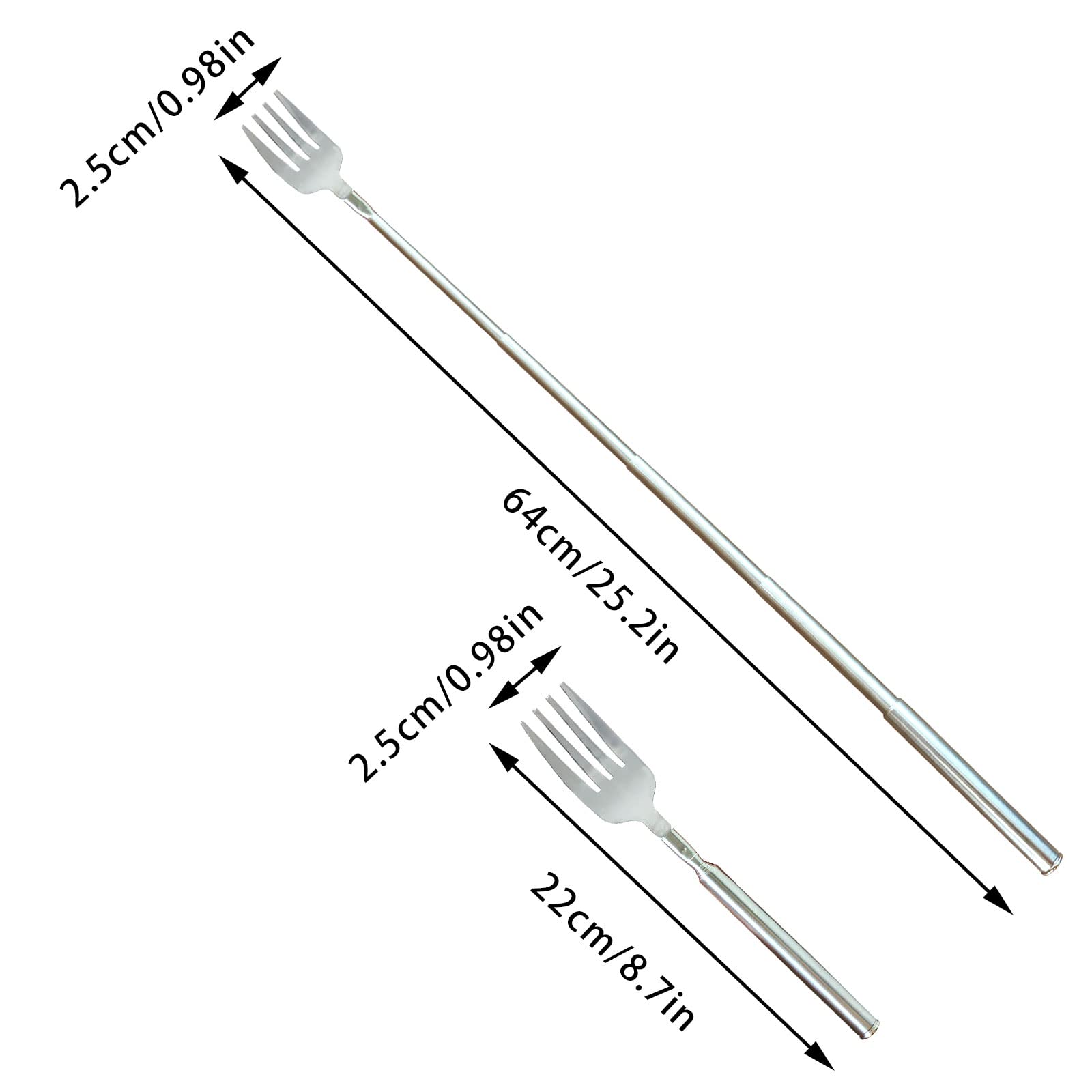 2 forchette allungabili in acciaio inox, forchetta telescopica, forchetta allungata, forchetta retrattile con manico lungo, forchetta per barbecue, cena, frutta, dessert, grigliate, 22-64 cm