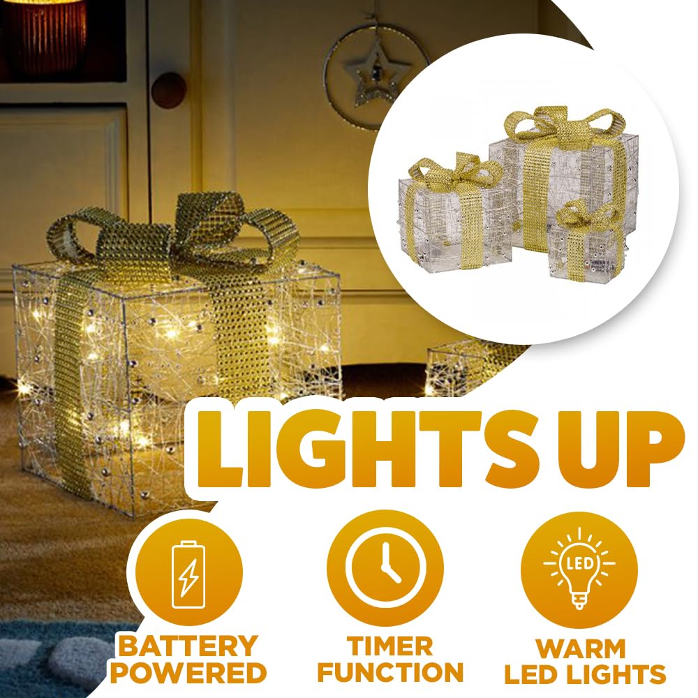 Marco Paul - Set Di 3 Scatole Regalo Finte Dorate Con Luci LED Bianche