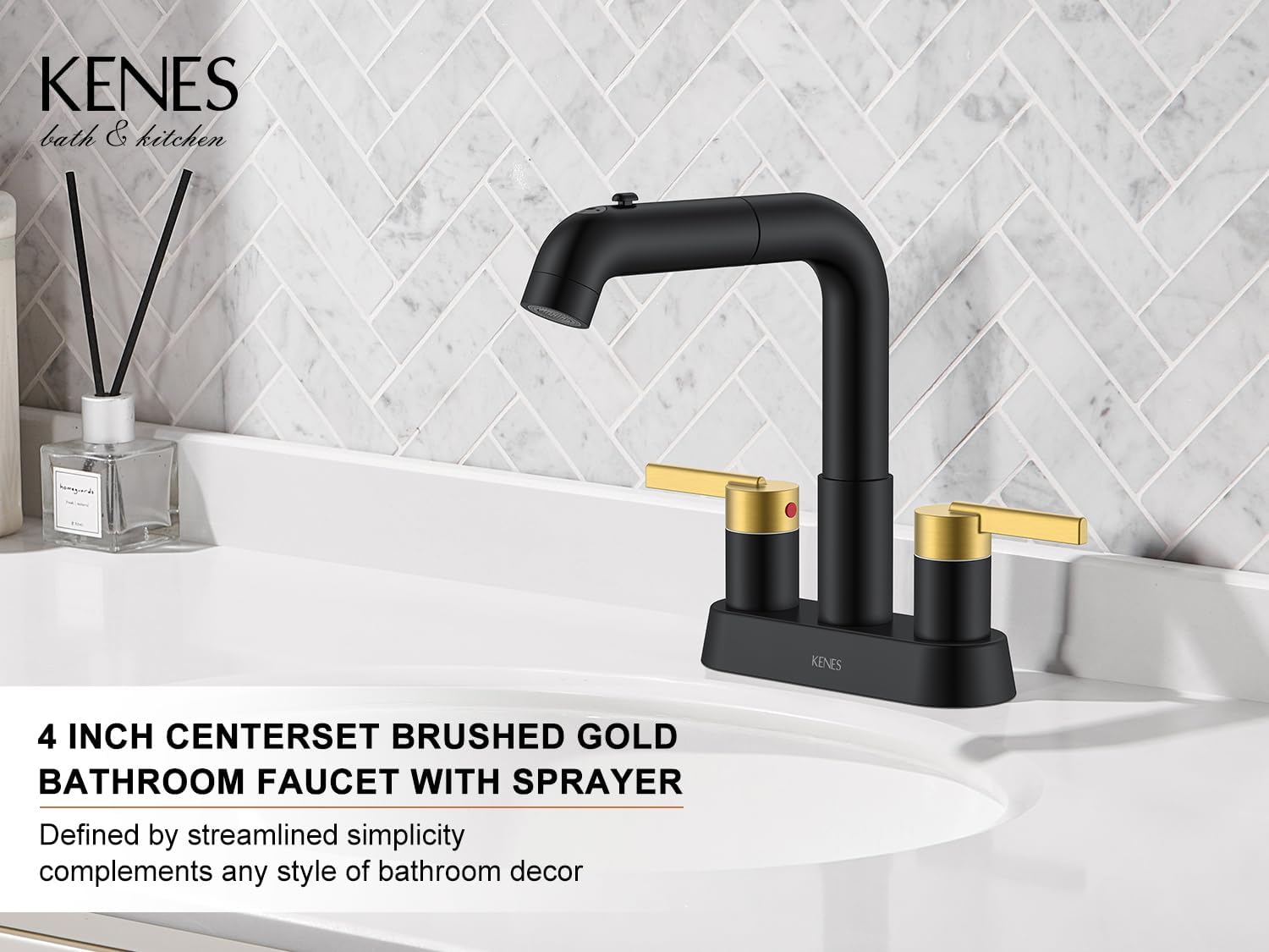 KENES Black and Gold Pull Out Centerset Bathroom Faucet 3 Hole, 4 Inch 2 Handle Bathroom Sink Faucet with Pull Out Sprayer, Vanity Faucet with Pop Up Drain & Supply Lines LJ-9059A-BG