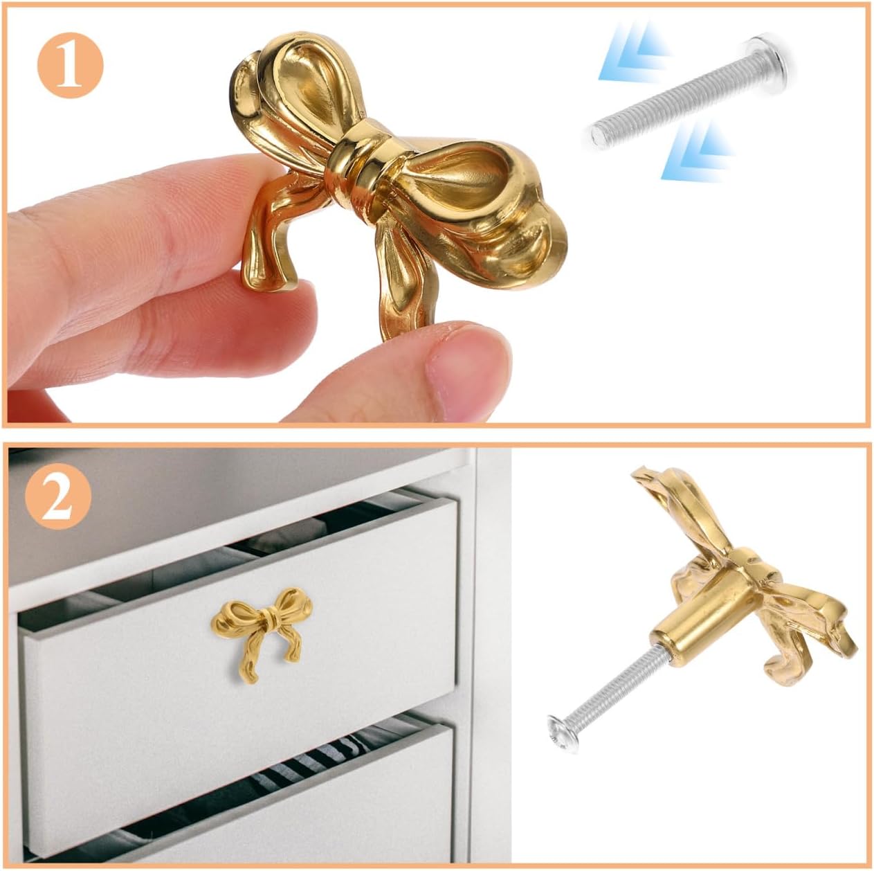 DOITOOL 5 Pcs Gold Bow Drawer Knobs, Brass Bow Cabinet Knobs, Vintage Dresser Knobs Door Pulls, Kitchen Cupboard Hardware Decor, Small Size 1.96x1.37x4.92in