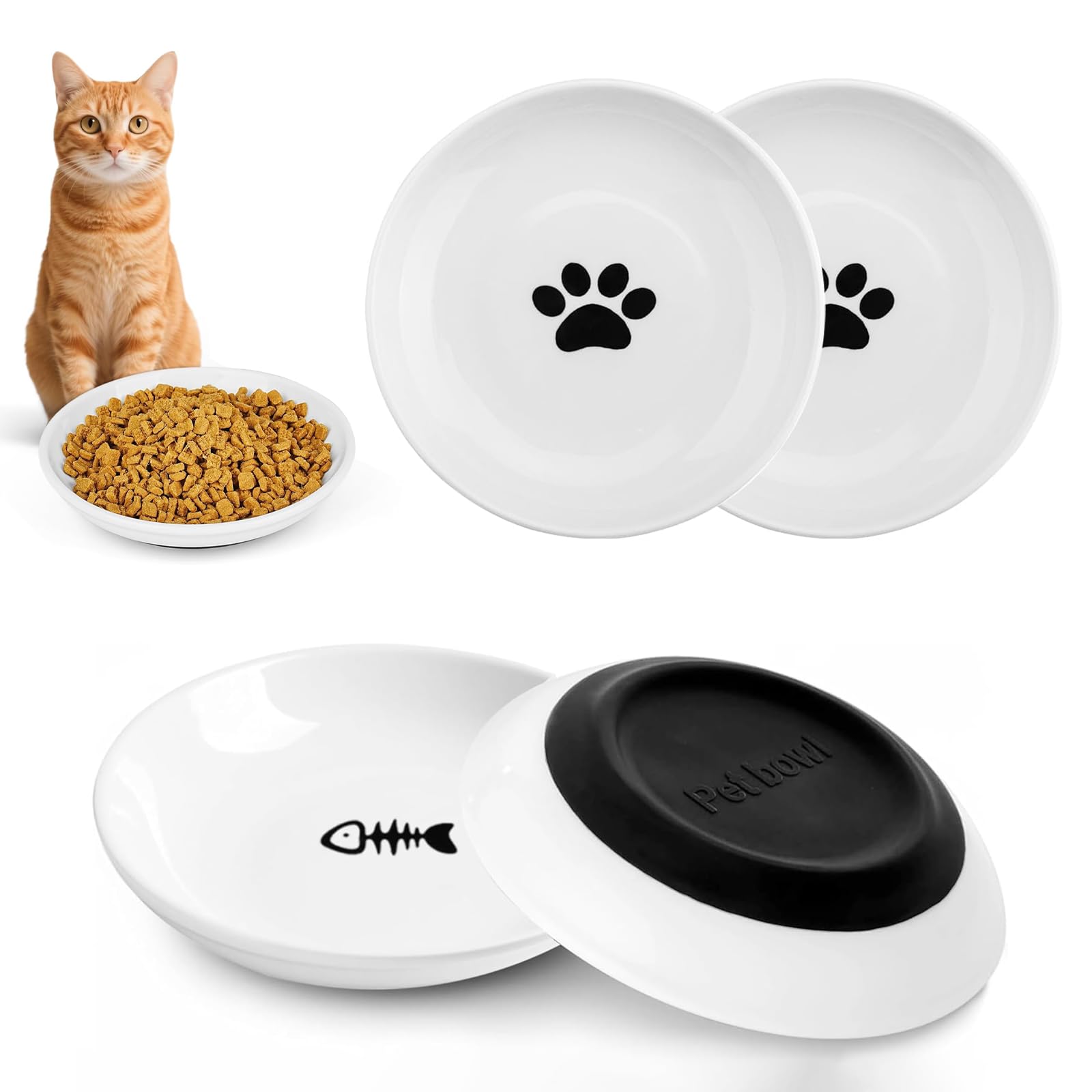 Ceramic Cat Bowls,With non-slip silicone base, Whisker Fatigue Cats Dishes