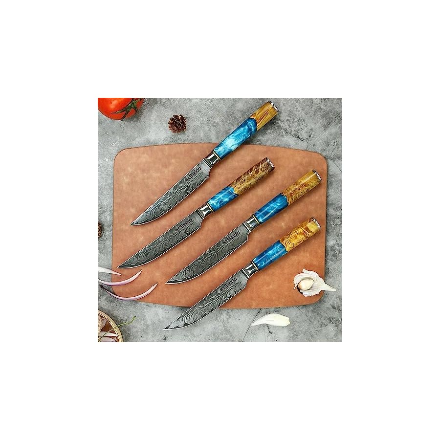 Seido Knives Executive Straight Edge Steak Knives - Japanese VG10 Damascus Steel, Effortless Meat Slicing, Full Tang Resin Blue Wood Handle