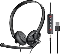 FEABASK USB Headset with Noise-Cancelling Mic for PC Laptop - Wired Headphones for Zoom Skype Office Calls, Inline Mute Controls