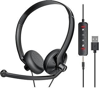 USB Headset with Microphone for PC Laptop - Wired Computer Headphones with Noise Cancelling Microphone for Home Office Online Class Skype Zoom Meetings,in Line Mute Controls