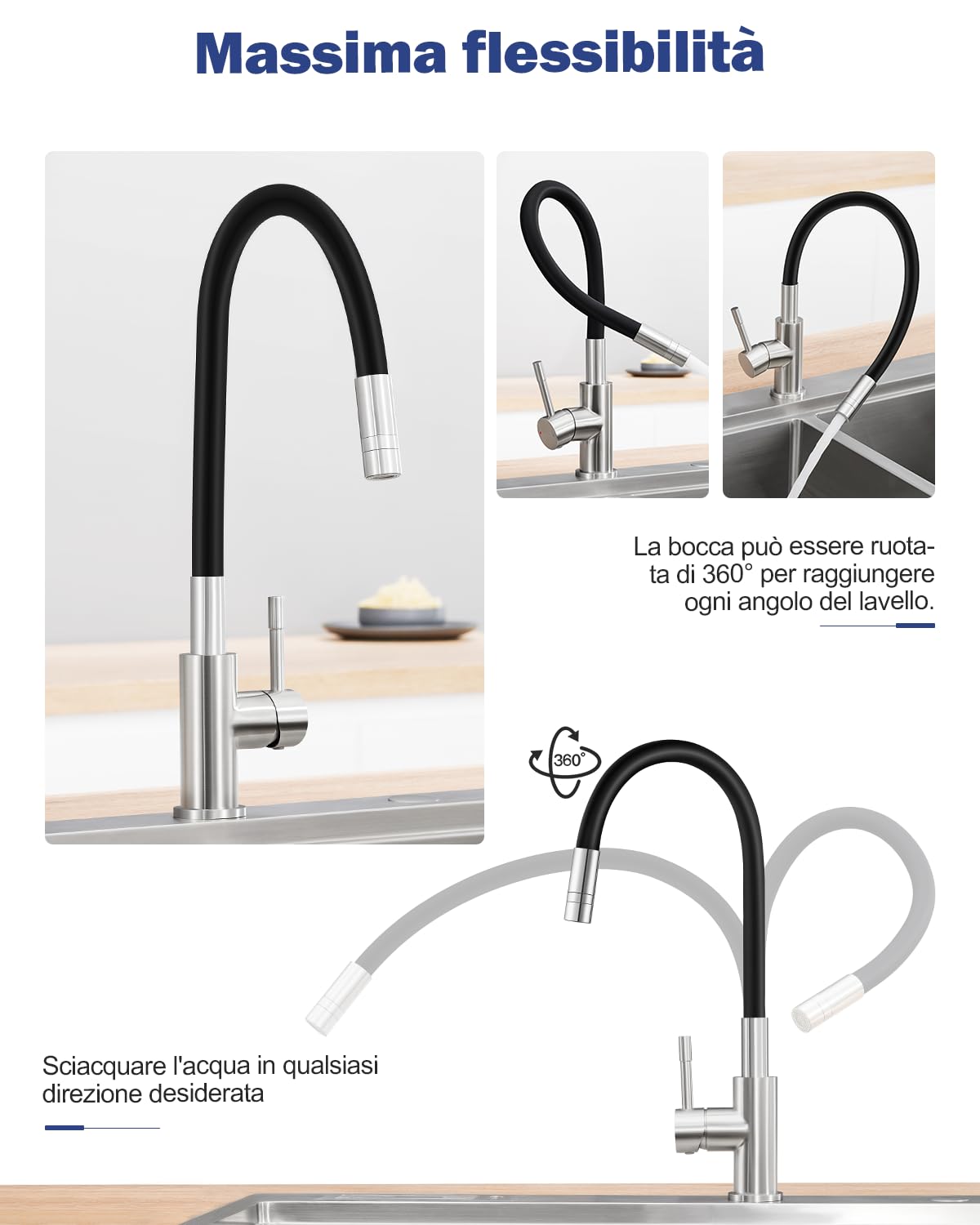 Rubinetto Lavello Cucina, Rubinetto Cucina, Rubinetti Cucina in Acciaio Inox, Miscelatore Cucina, Modalità acqua doppia, 360°Rubinetto Pieghevole Lavello Cucina, Rubinetto Sottofinestra Nero