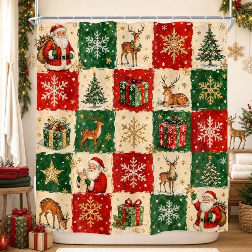 Image of Merry Christmas Shower Curtain Green Red Santa Deer Plaid Bathroom Decor
