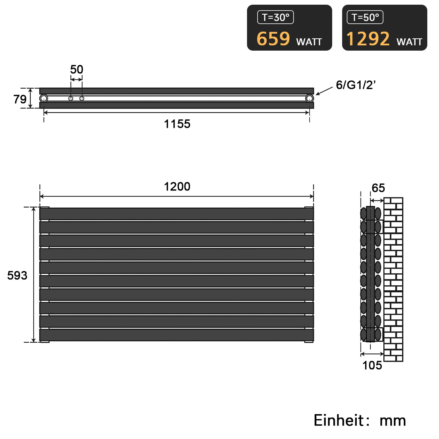 SONNI Design Heizkörper 593x1200mm Anthrazit Doppellagig Horizontal Paneelheizkörper Seitenanschluss