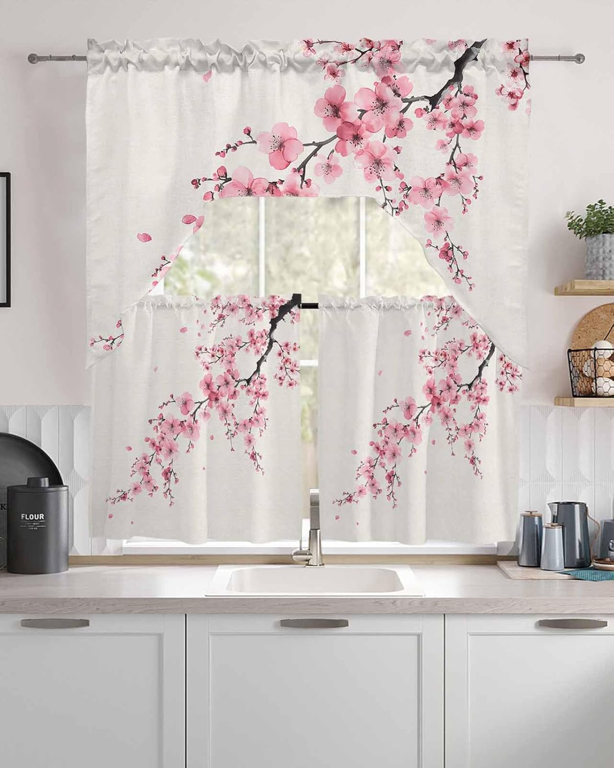 Cherry Blossom Kitchen Curtains Swag Valance and Tier Curtains Set 24 Inch Length, Rod Pocket Drape Panels Pair Swag Curtains for Bathroom/Cafe/Window Pink Asian Japanese Burlap Beige