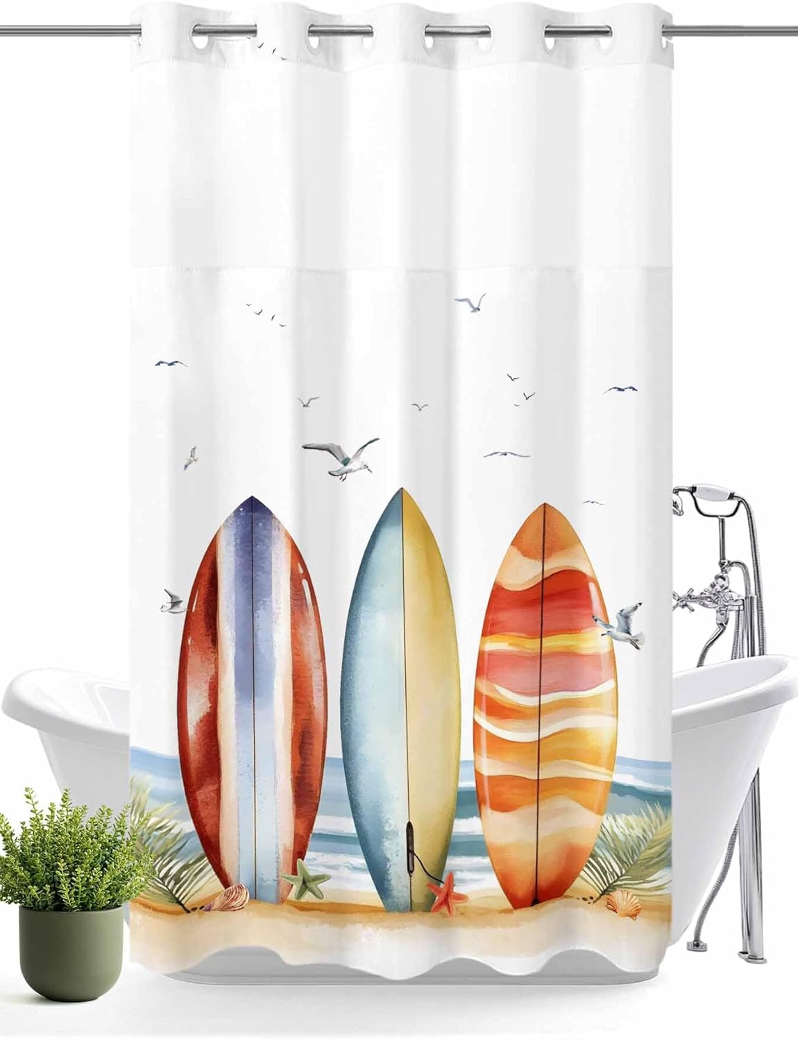 No Hooks Shower Curtain and Snap-in Liner Sets 36"x72",Summer Watercolor Surfboard Waterproof Fabric Bath Curtain Double Layers Shower Curtains for Bathroom Hotel,Seagull Beach Ocean Theme