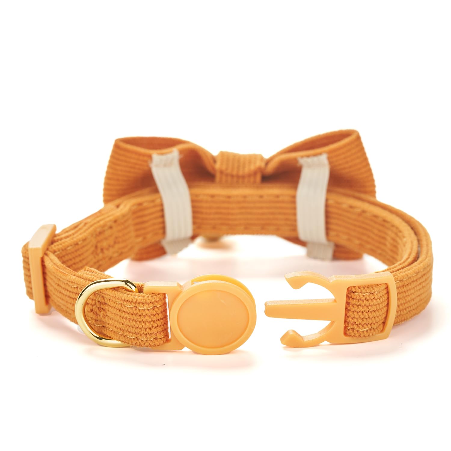 Petiry Soft Corduroy Cat Collar, Plaid Pattern, with Bell and Bowtie, Safety Breakaway Clasp, Adjustable for Kitten and Cats Orange Color.
