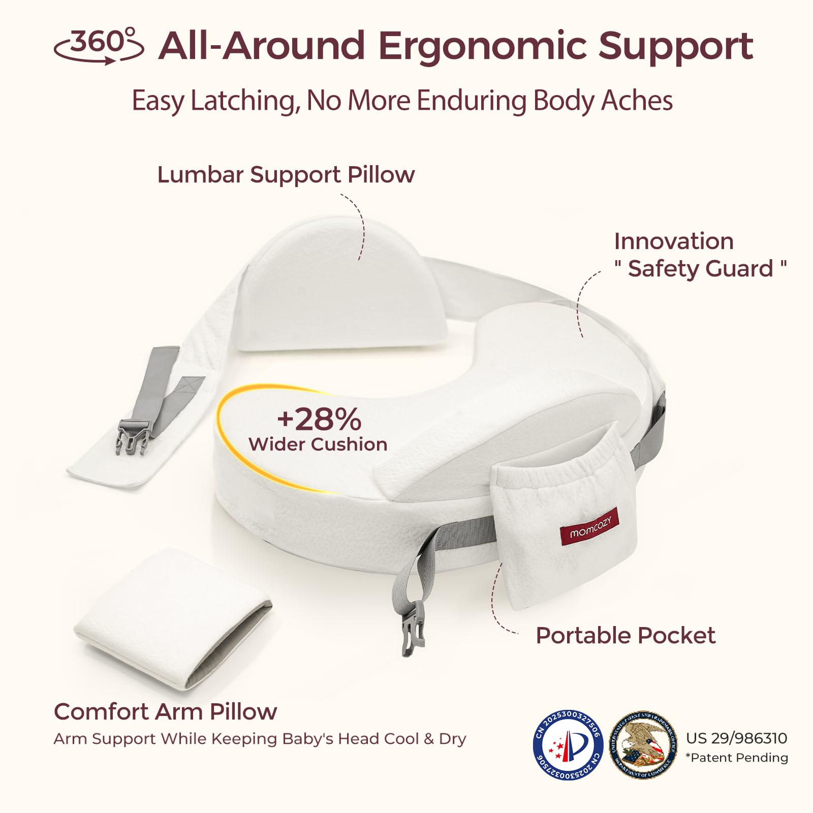 Momcozy CozyPro Nursing Pillow - All Around Lumbar & Arm Support - Safety Guard, Firm & Springy Memory Foam-Stable, Ergonomic Support, Easier Breastfeeding, Wider Cushion, Adjustable, Removable Cover