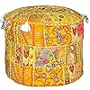 Aakriti gallery indian pouf footstool ethnic embroidered pouf cover indian cotton round pouffe ottoman pouf cover pillow ethnic decor art cover only yellow 18×13  urban country home decor