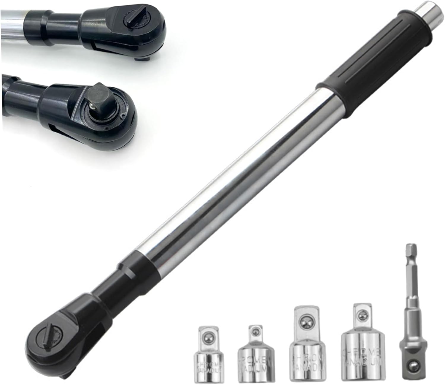 Offset Extension Wrench Set of 6 1/2" Steel Offset Extension Ratchet with 5 Adapters and Non Slip Handle for Hard to Reach Areas Tight Spaces Car Repair and Home Maintenance