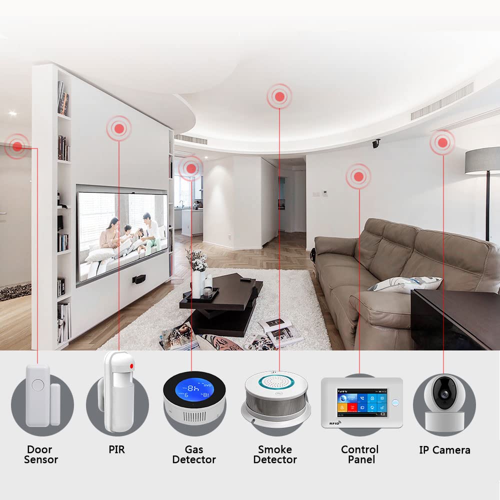 Sistema di allarme di sicurezza, Pannello touch da 4,3 pollici Wifi GSM di allarme sicurezza for la casa wireless Burglar Hurglar Tuya Vita intelligente App Controllo compatibile(J)