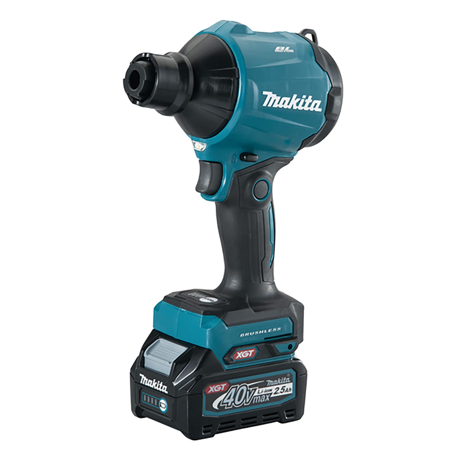 Makita Turquoise As001gd202 40V Max Li-Ion Xgt Brushless Dust Blower Complete With 2 X 2.5 Ah Batteries And Charger