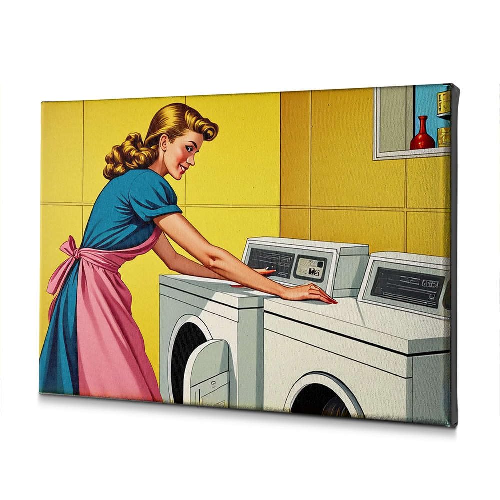 DRPZ Decoraciones Para Cuartos Mujer Operando Lavadora En Cocina Retro Lienzo Decorativo Cuadro Flor Pegatinas Pared Placas Decorativas (30 x 40 cm)