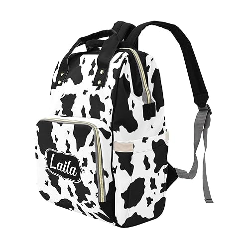 Miniatura 4 de Bolsa de pañales con estampado de vaca y negro y blanco, mochila con nombre personalizado para bebé, bolsa de pañales de enfermería, bolsa de viaje